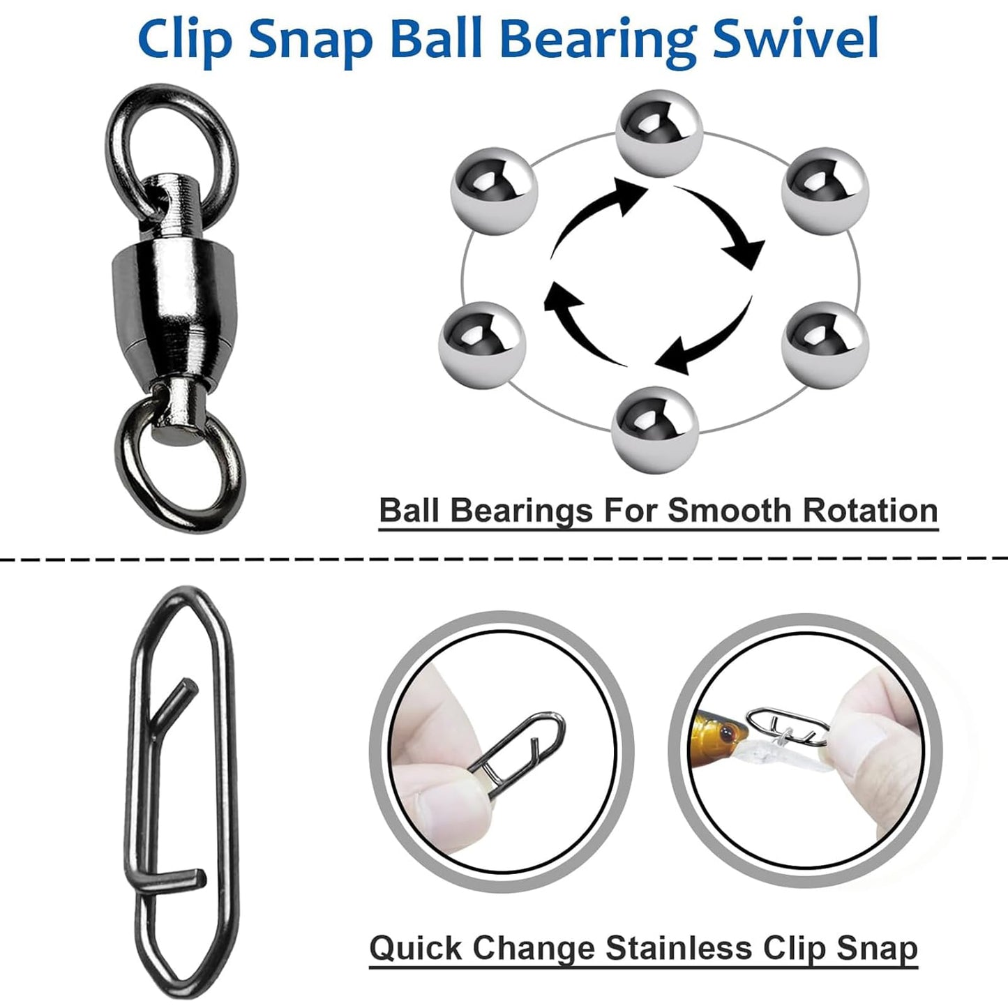 AMYSPORTS High Strength Snap Swivels Stainless Bearing Rolling Fishing Swivel Freshwater Snap Swivels Fishing Clip Steel Black Nickel, 25pcs, 177lbs