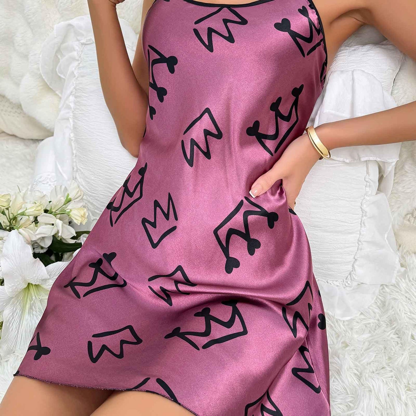 Womens Nightdress Fashion Print Sexy Backless Ice Silk Sling Pajamas Dresses Nightgowns Chemise Sleepwear Lingerie Style001 Purple Small