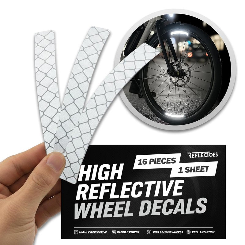ReflecToes 720 Reflective Wheel Rim Stickers - 16 Pcs Reflective Decals, 720+ Candle Power Wheel Reflectors for Bike - High-Intensity Retroreflective Rim Tape