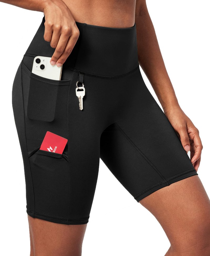 Ewedoos Biker Shorts Women Tummy Control with 4 Pockets No Front Seam Hiking Workout Spandex Shorts High Waisted UPF50+ Black