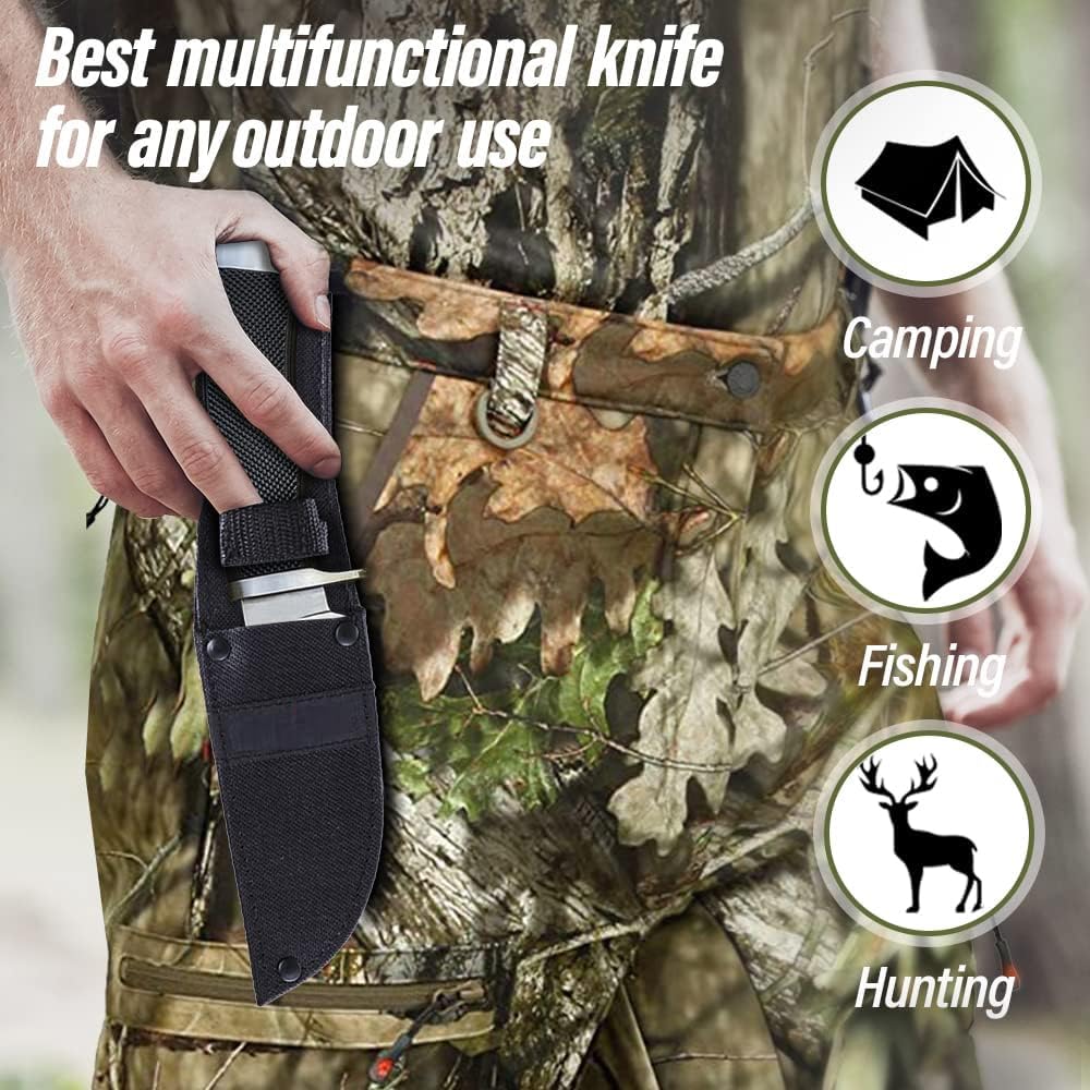 Hunting Knife with Sheath Survival Knives for Men - Best Tactical Camping Hunting Hiking Knife - Bushcraft Field Gear Accessories Tool - Fixed Blade Sharp Knofe with Rubber Handle for Men 148109