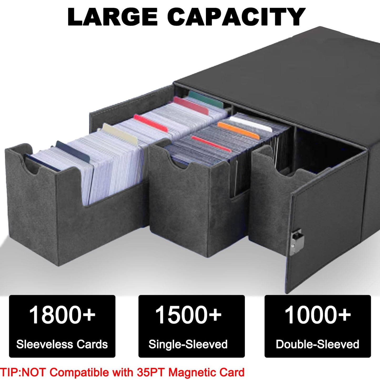 CMFYlive Card Deck Case for Trading Cards 1800+ MTG Deck Box with Commander Portable Handle Snap to Close the Commander Deck Box Removable Trading Cards Storage Box 3-Row Card Case Compatible