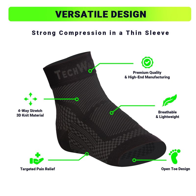 TechWare Pro Ankle Brace Compression Sleeve - Relieves Achilles Tendonitis, Joint Pain. Plantar Fasciitis Foot Sock with Arch Support Reduces Swelling & Heel Spur Pain. (Black/Black, L/XL)