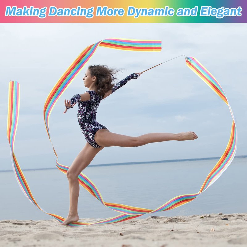 Deekin 48 Pieces Gymnastics Wands Dancing Dance Ribbons Streamers 6.6 Feet Artistic Rainbow Twirling Ribbons for Gymnastics Party Favors with Non Slip Handle