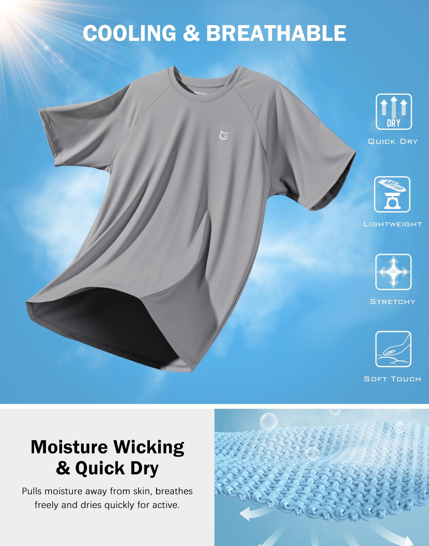 G Gradual Men's Athletic Workout T-Shirts Moisture Wicking Cooling Running Shirts Short Sleeve Performance Tee for Gym Tennis(Light Grey,4XL)