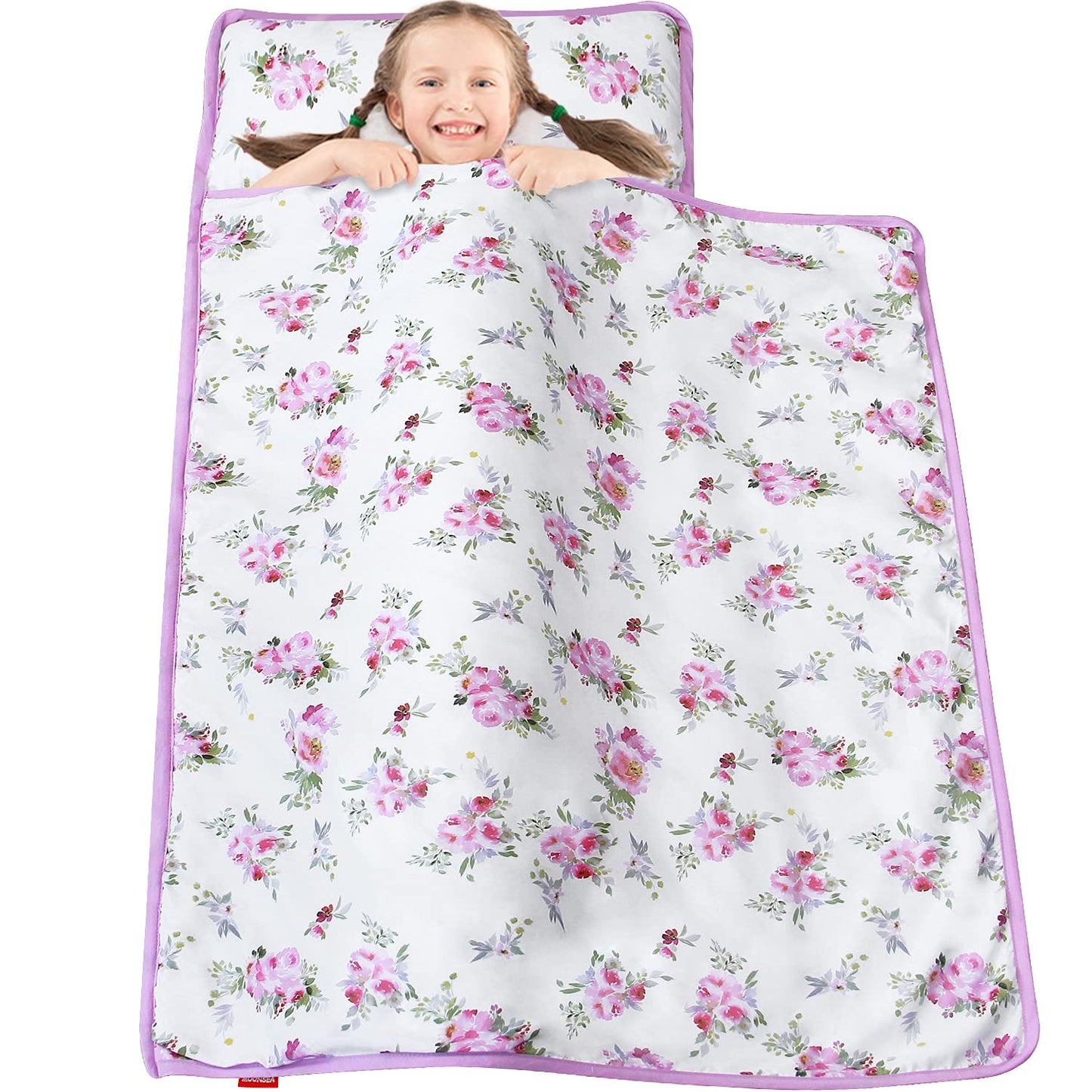 Toddler Nap Mat - Floral Sleeping Mat with Fleece Blanket | Lightweight for Preschool & Travel, Fits Standard Cot
