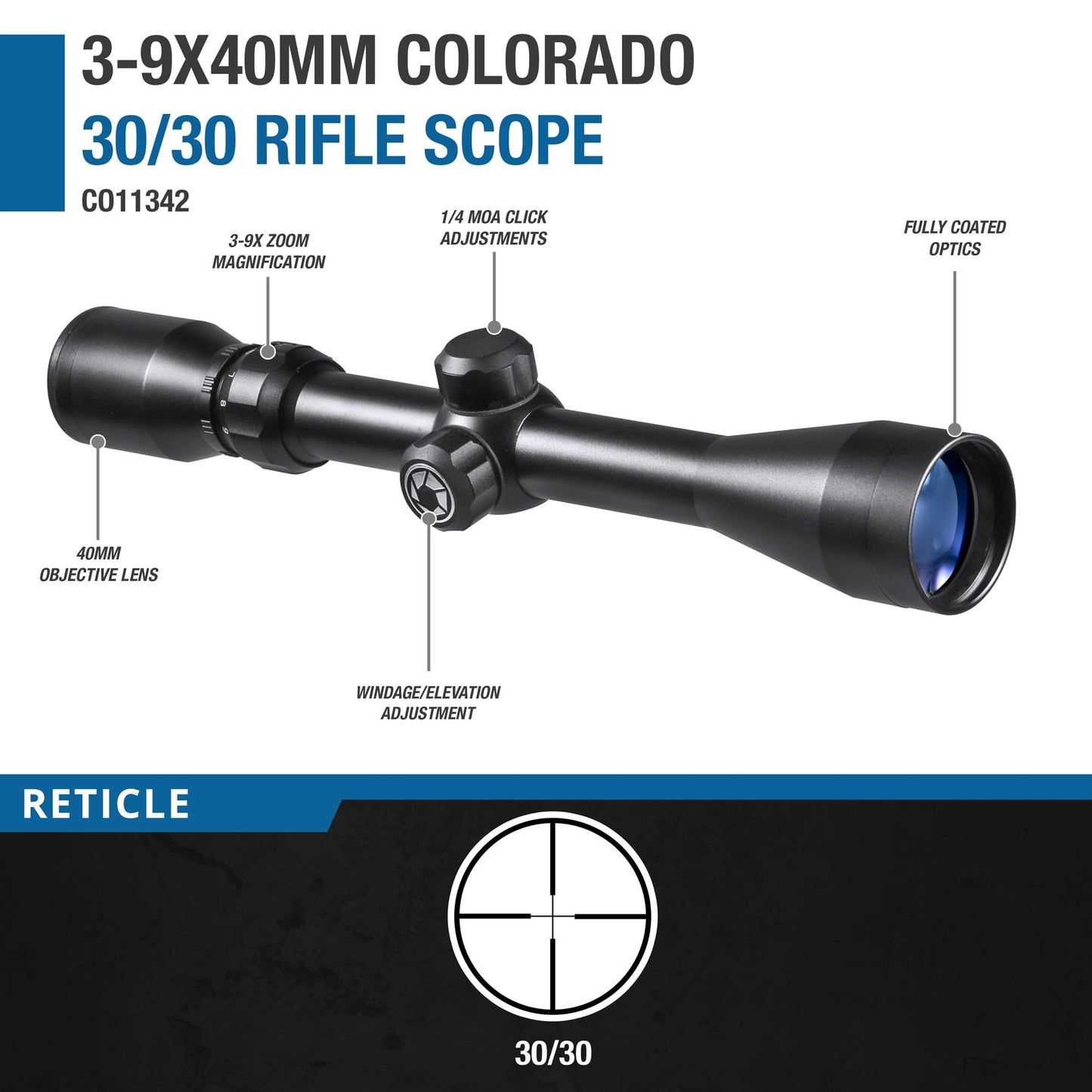 Barska Colorado 3-9x40 Rifle Scope – 30/30 Reticle, 1/4 MOA Adjustments, Fully Coated Optics, Waterproof, Fogproof, Shockproof – for Hunting, Target Shooting & Plinking - Gun Scopes Air riflescope