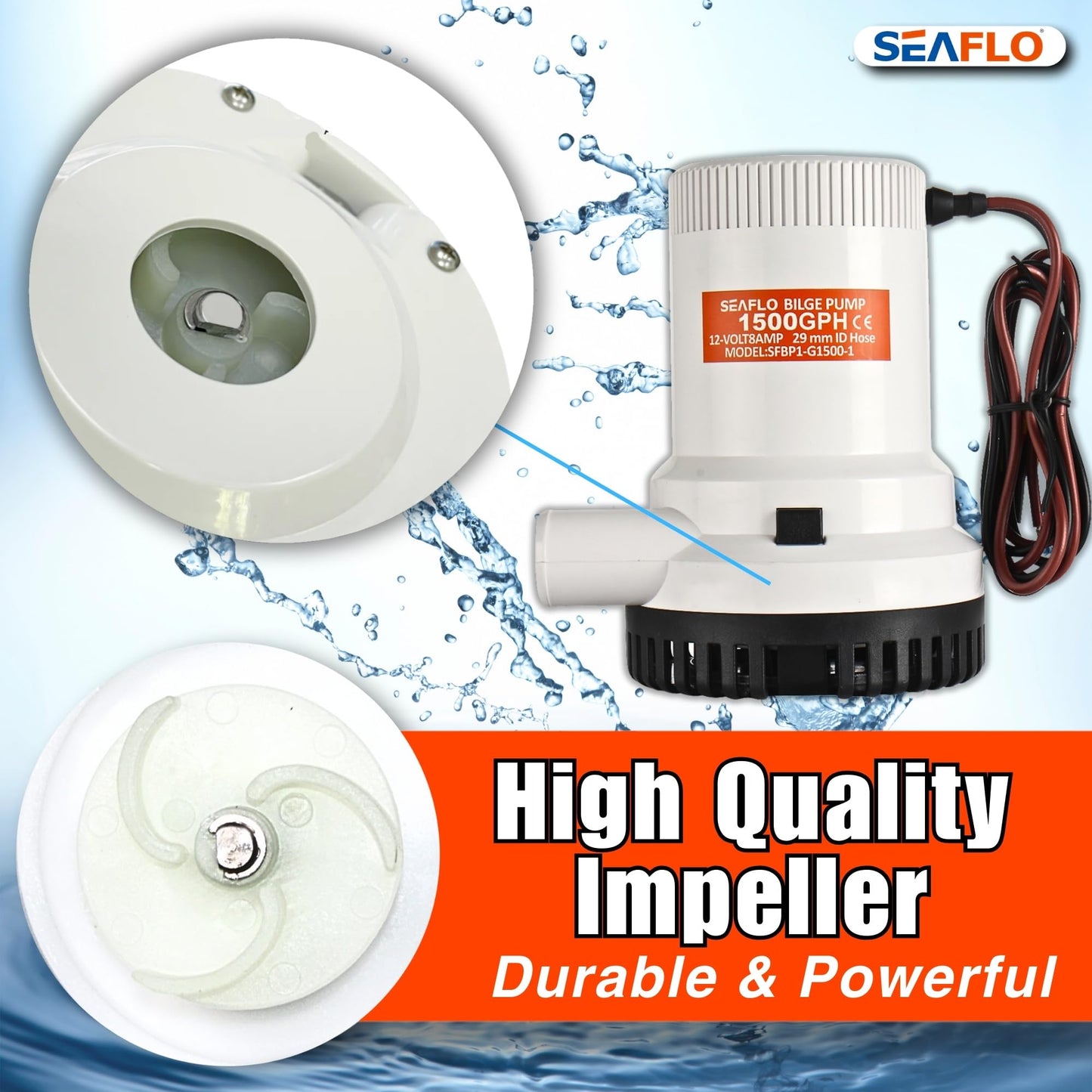 SEAFLO 01 Series 1500 GPH Bilge Pump – 12V, 1-1/8" Outlet, Marine Submersible Pump with Anti-Airlock Protection, CE & Rohs Certified, 4-Year Warranty | Reliable for Boats and Marine Applications