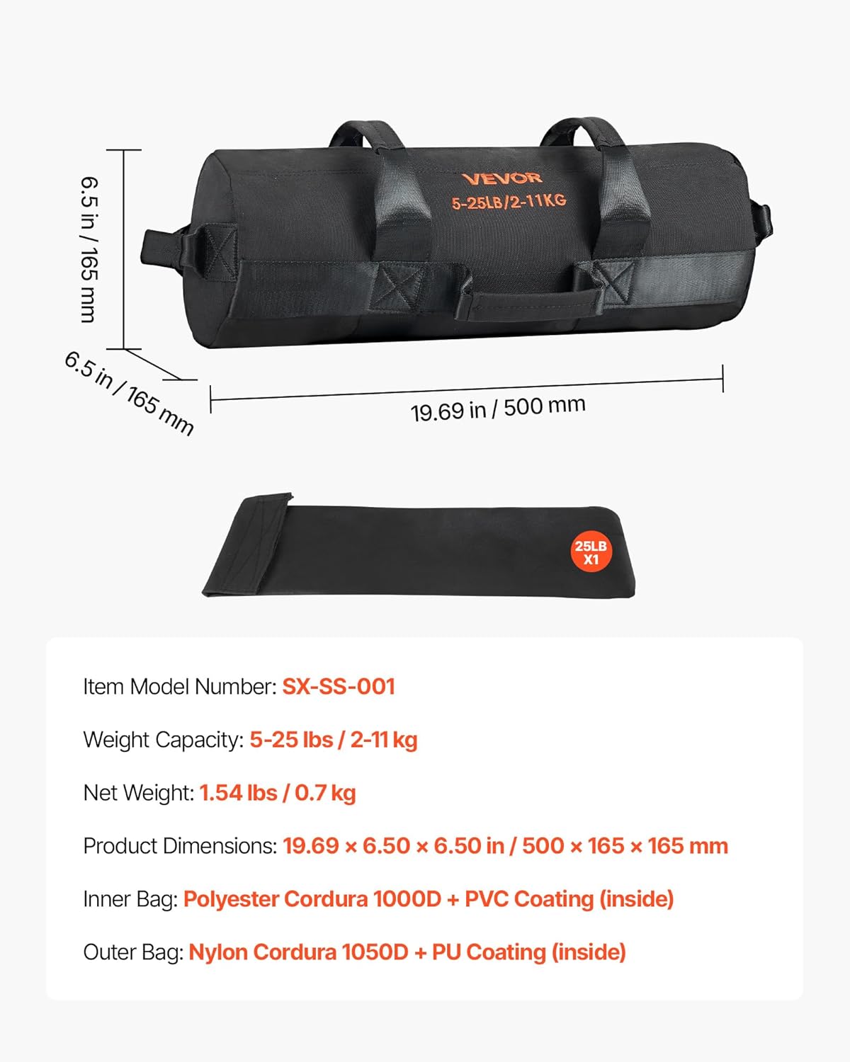 VEVOR Heavy Duty Workout Sandbag - Power Training Slam Bag for Strength & Cross-Training | Black (Unfilled)