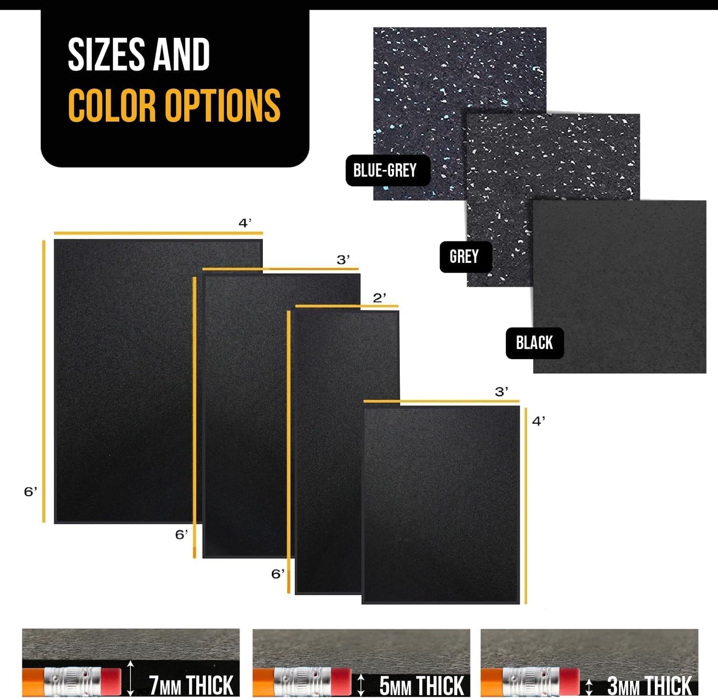 Rubber King Multi-Purpose Exercise Mat - 4' x 6' x 3mm - 100% Recycled Thick Rubber Mat for Home Gym Flooring, Non-Slip, Low-Odor Durable Workout Mat for Indoor/Outdoor, Shoe-Friendly - Black