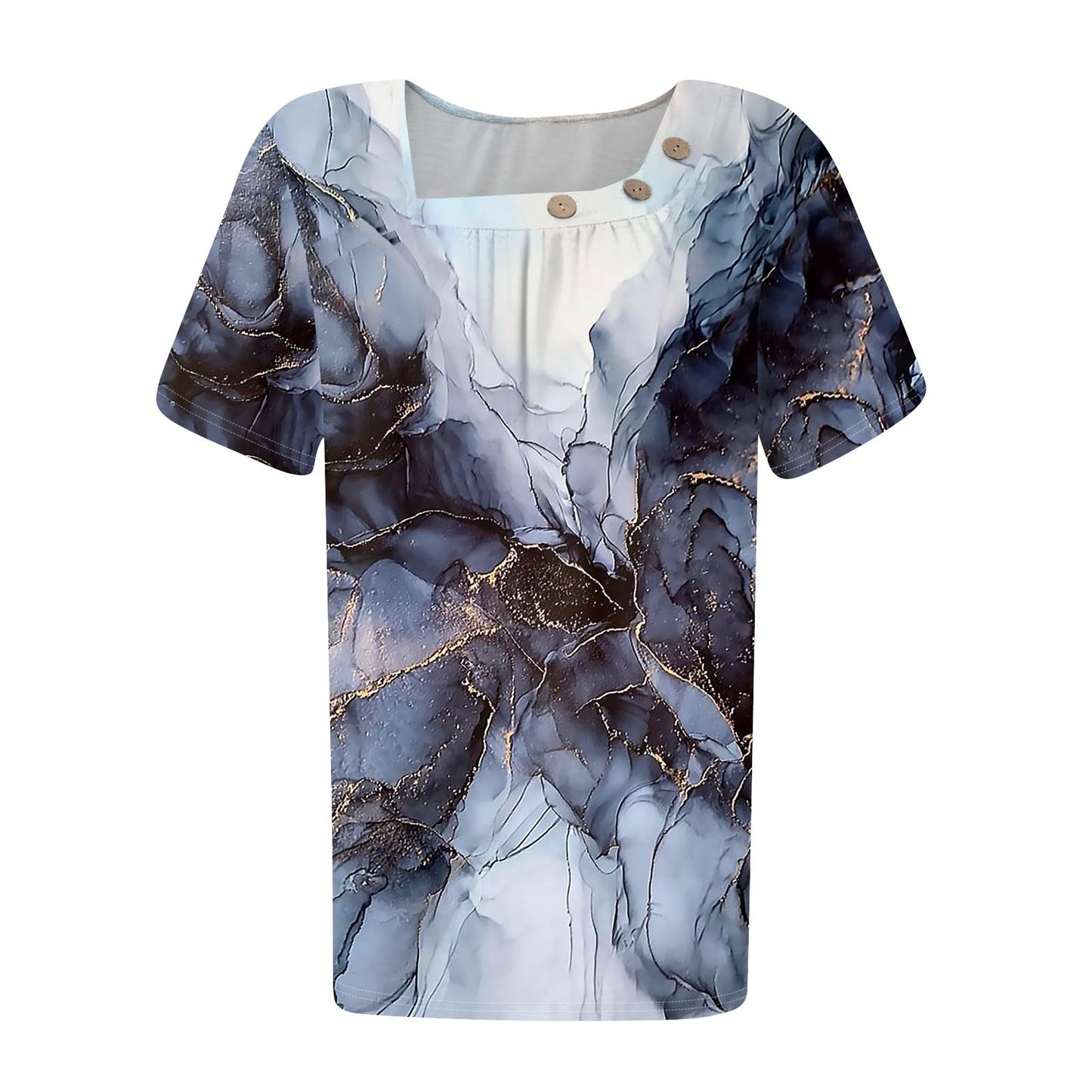 Beautiful Tops Ladies Summer Short Sleeve Park Plus Size Print Shirt Fit Crewneck Stretch Polyester Button Top Woman Navy