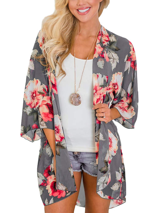 Lightweight Sheer Summer Cardigans for Women Chiffon Floral Boho Beach Kimono Swimsuit Cover Ups Tops Gray XL