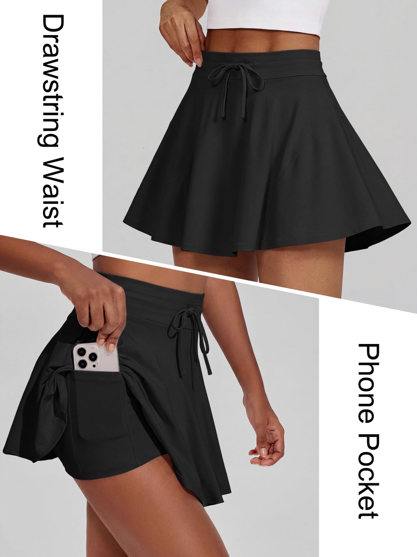 Caracilia Women's Athletic Tennis Skort, Drawstring High Waisted Built-in Shorts, Casual Skirt for Summer Daily Wear & Sports Black Medium