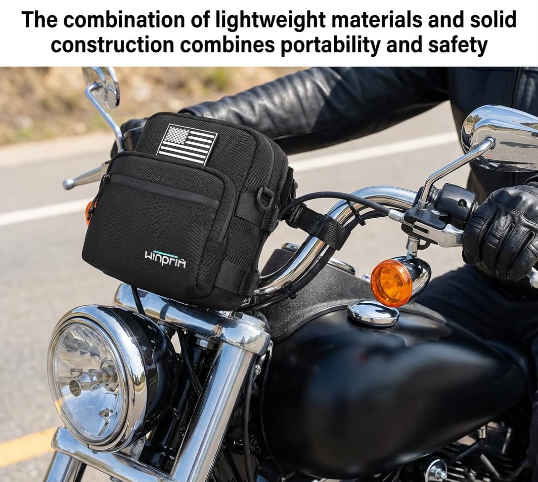 Handlebar Storage Bag for Bicycle Motorcycles - 1680D Waterproof Tool Storage Bag with Flag Patch, Multi-Purpose Front Fork & Crossbody Bag, Durable Small Pouch for Motorcycles