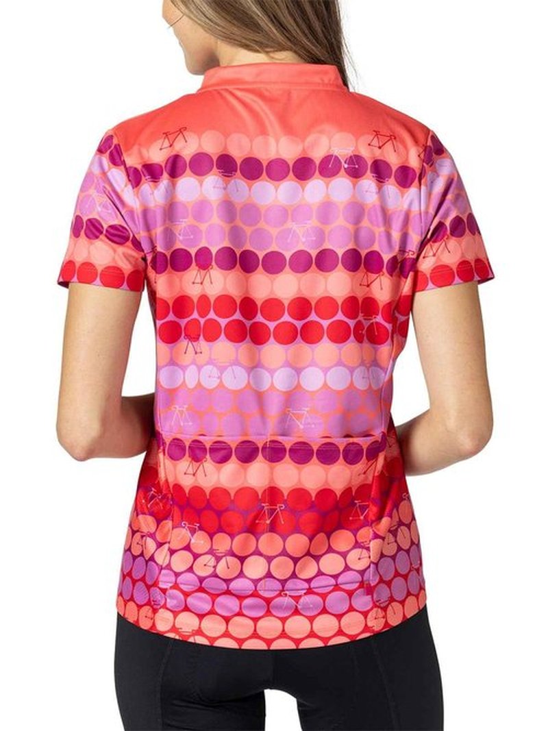 Terry Breakaway Mesh Short Sleeve Cycling Jersey Women UPF 50+ Sun Shirt 10 Inch Front Zip Relaxed Fit Reg. & Plus Sizes - Pink Dots, X Large