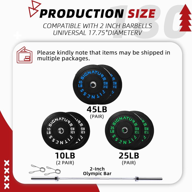 2-Inch Olympic Bumper Weight Plates Set - 180 LB with 7FT Barbell | Colored Weight Plates for Home Gym