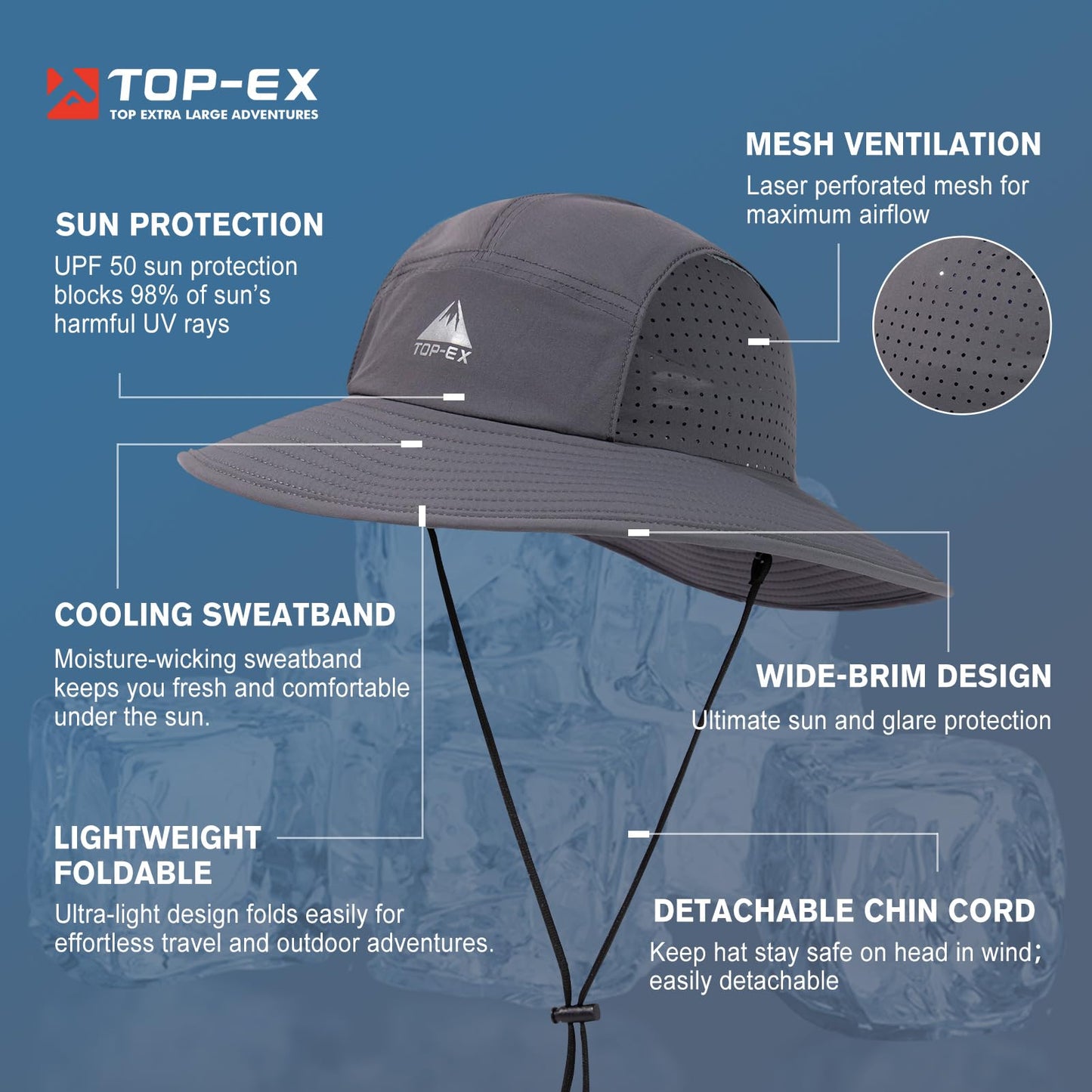 TOP-EX Breathable Sun Hats for Men Waterproof Brim Bucket UPF50+ UV Protection Boonie Beach Fishing Hiking Golf Packable Gifts Big Head Large XXL XL Dark Grey