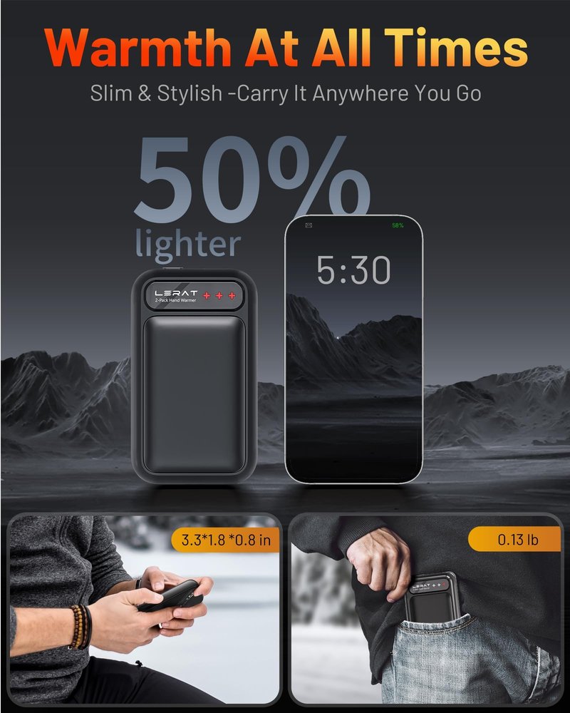 Lerat Hand Warmers Rechargeable 2 Pack, Electric Hand Warmer, Fast Heating Portable Pocket Heaters, 2 in 1 Quick Charge Hand Warmer for Outdoor Indoor, Warmer Gifts for Women, Men, Camping-Light Black