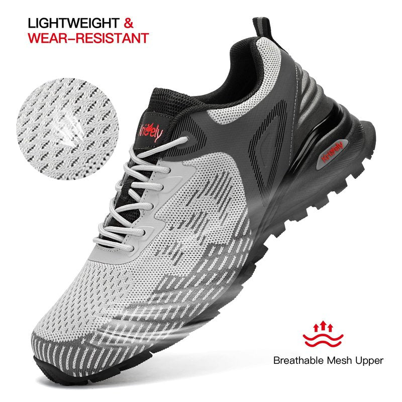 Kricely Men's Trail Running Shoes Non Slip Hiking Trekking Shoes Cross Training Tennis Shoes Breathable Fashion Sneakers Lightweight Workout Footwear Outdoor Gym Jogging Light Grey Size 13