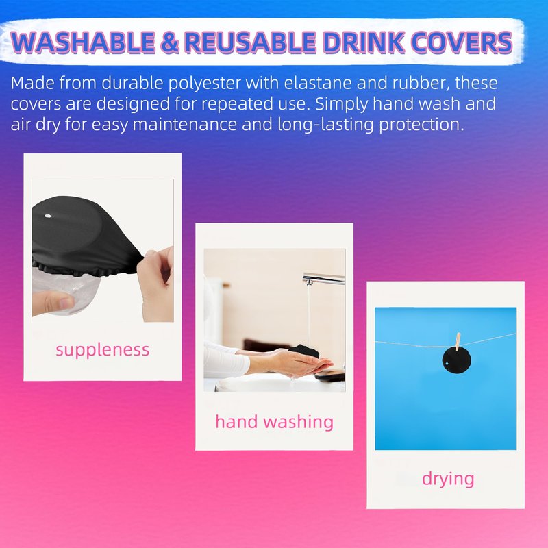 VIKOS Products 15-Pack Drink Cover Scrunchie, Reusable Elastic Cup Cover with Straw Hole for Outdoor Dining, Travel & Parties, Washable Fabric Drink Protector for Cups & Glasses - Black