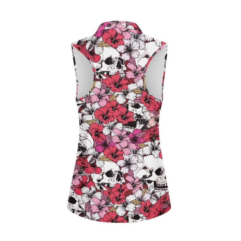 TOADDITDO Skull Golf Shirts for Women 1/4 Zip Sleeveless Sports T-Shirt Floral Quick Dry Tennis Tank Tops Summer Activewear with Collar