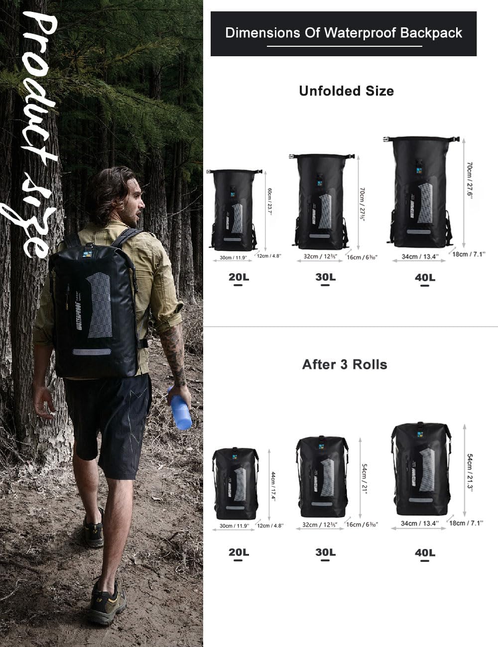 Waterproof Backpack for Men - 20L/30L/40L Floating Dry Bag for Kayaking & Hiking