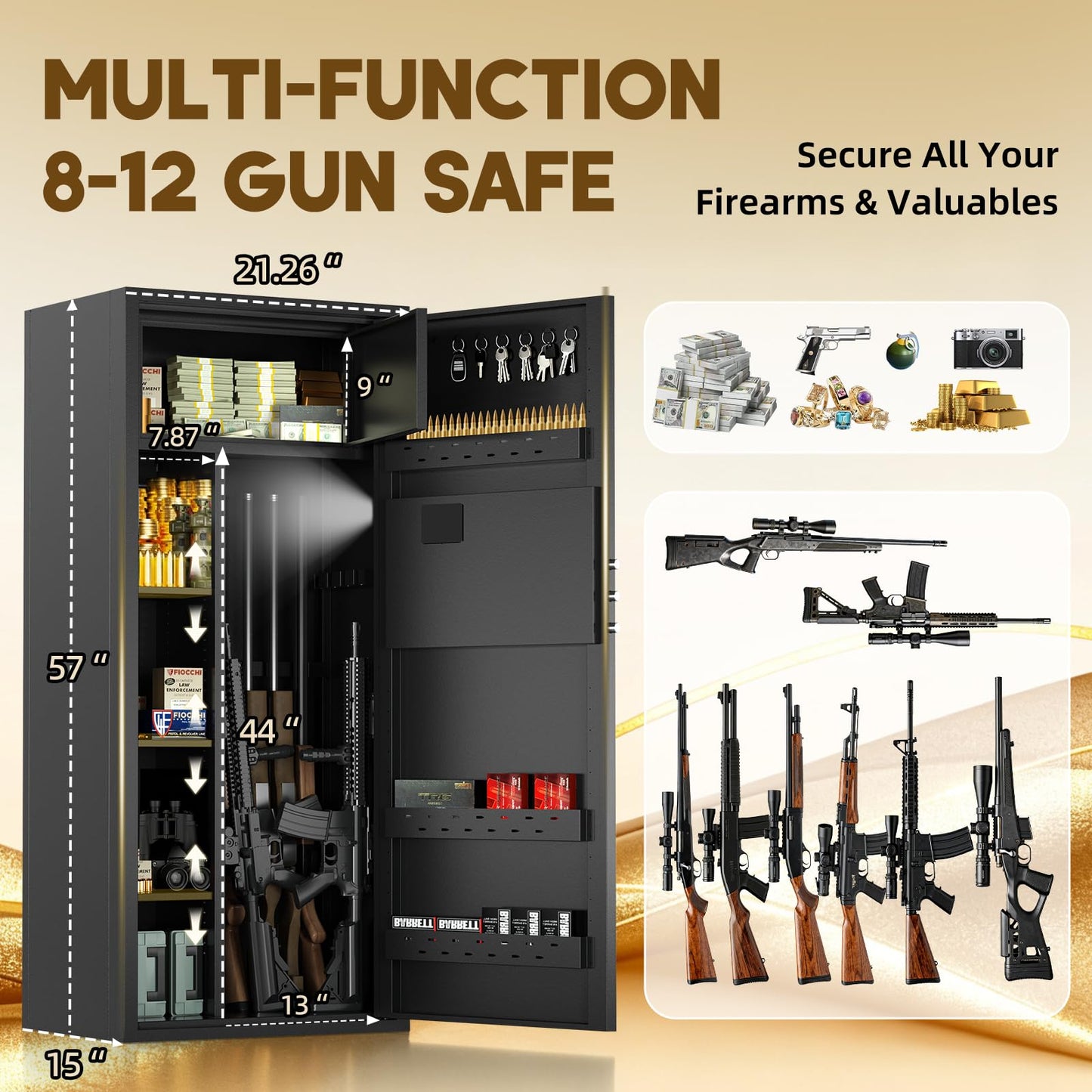 12-15 Gun Safe for Rifles and Pistols,Rifle Safe for Home,Gun Cabinets for Rifles and Shotguns with Digital Keypad and Alarm Mode,Easy Assembly Rifle Cabinet,Internal Lockable Box & Removable Shelves