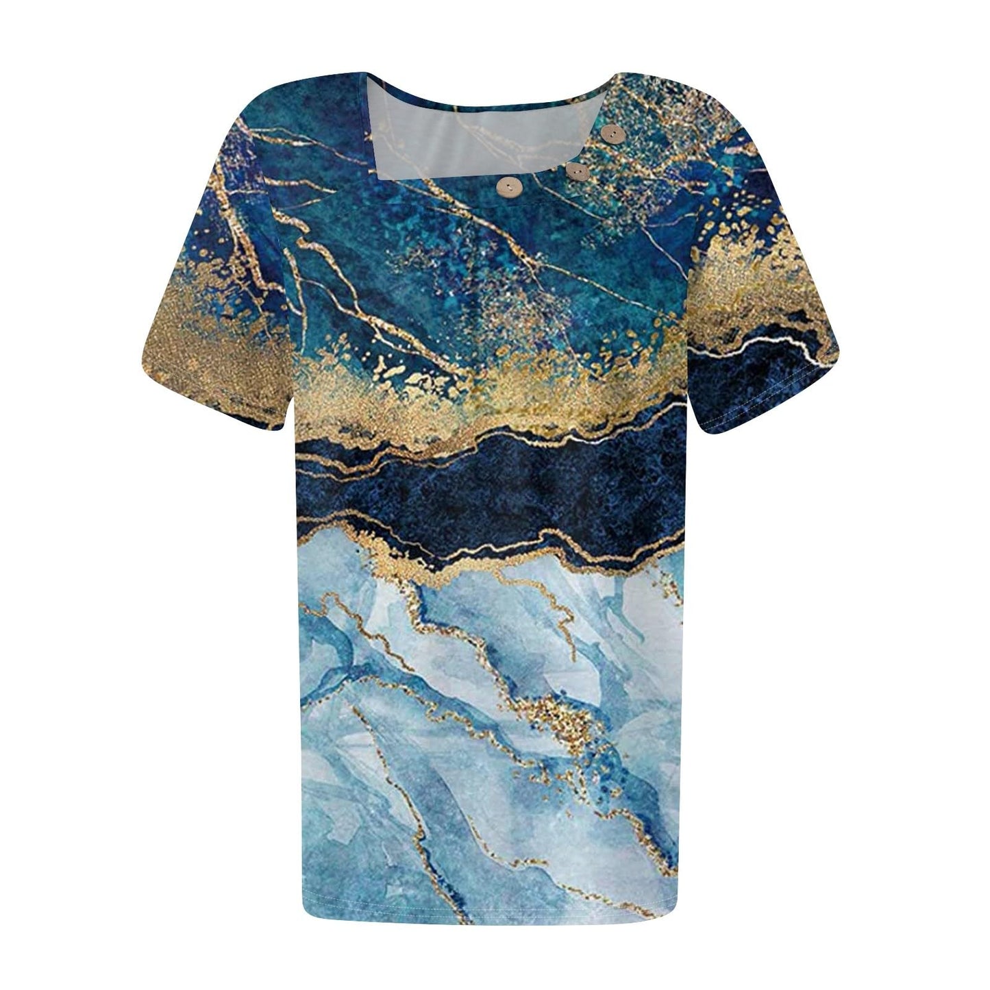 Beautiful Summer Short Sleeve Tops for Women Park Plus Size Print Fit Crewneck Shirt Stretch Polyester Button Tops for Women Blue