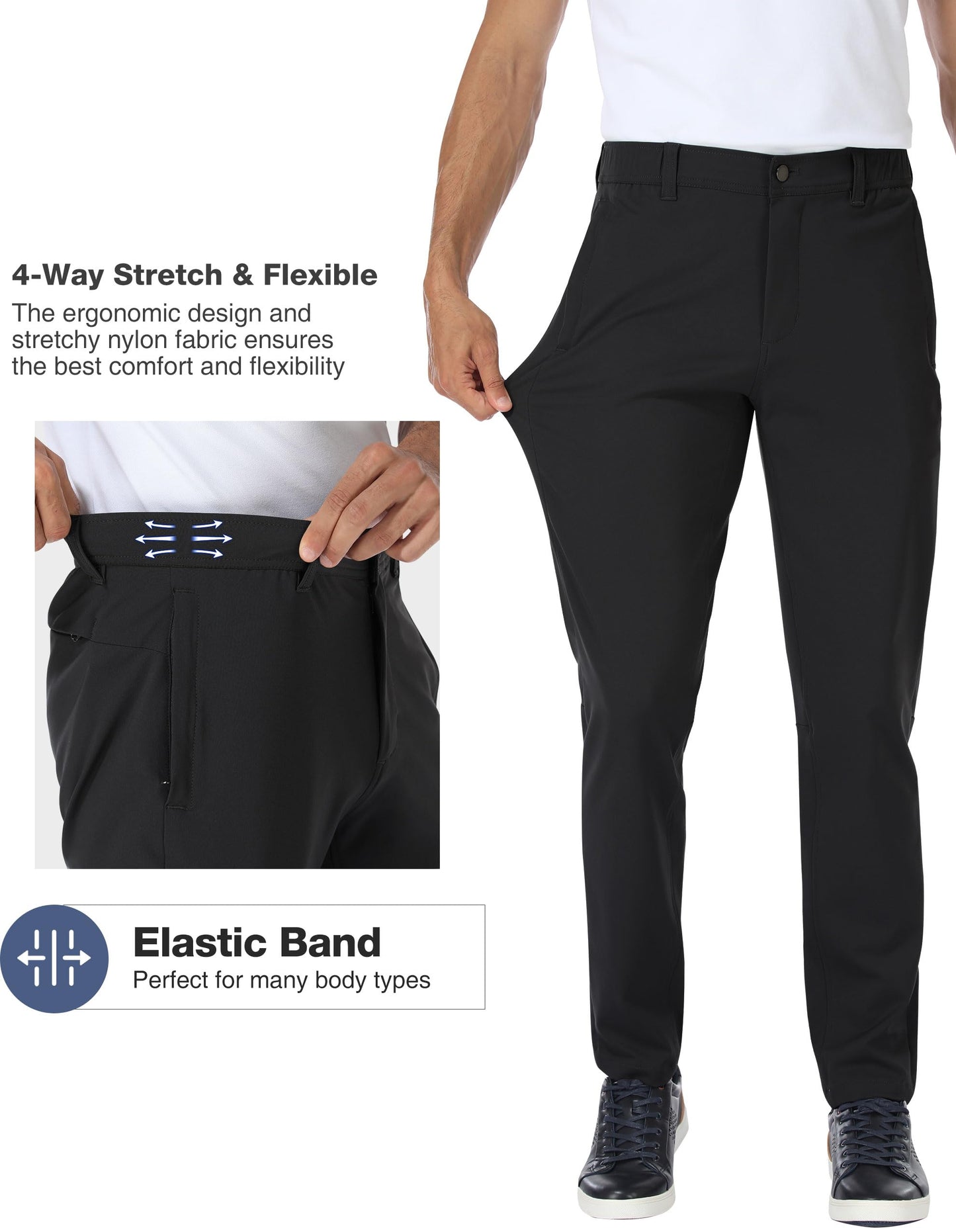 PULI Golf Pants Men Stretch Slim Fit Dress Casual Work Pants with Pockets Tapered Lightweight Waterproof Pants Black,34Wx32L