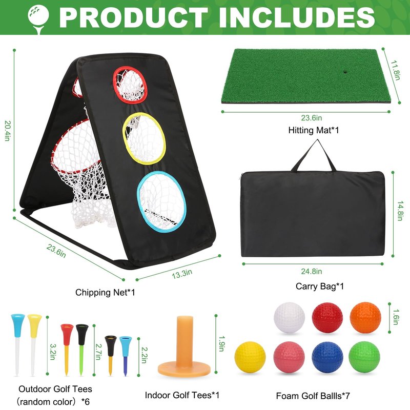 YTOPRO Golf Chipping Net: Ultra-Portable Dual-Sided Triple Target Training System with 400D Canvas for Indoor/Outdoor Backyard Practice – Includes Mat & Foam Balls & Golf Tees (Golfer Gift)