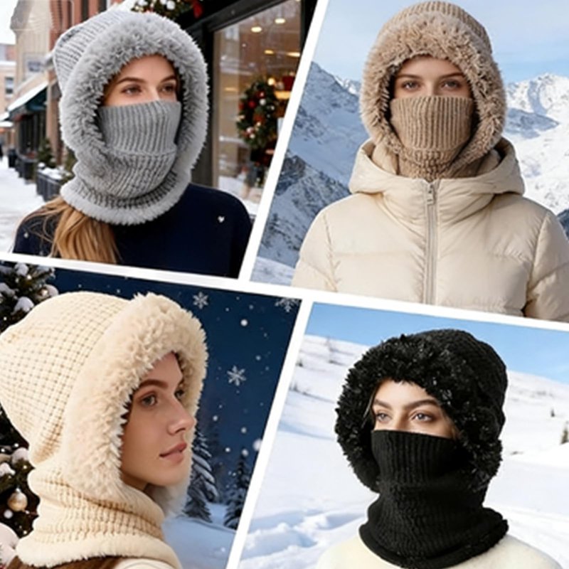2026 New 3 in 1 Beanie Balaclava for Women, Fleece Lined Winter Hat with Scarf and Ski Mask, Windproof Knit Set (Cream)