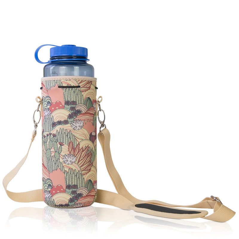 Made Easy Kit Neoprene Water Bottle Carrier Holder with Adjustable Shoulder Strap for Insulating & Carrying Water Container Canteen Flask Available in 5 Sizes (Desert Khaki Cactus, L+Tall (40oz))