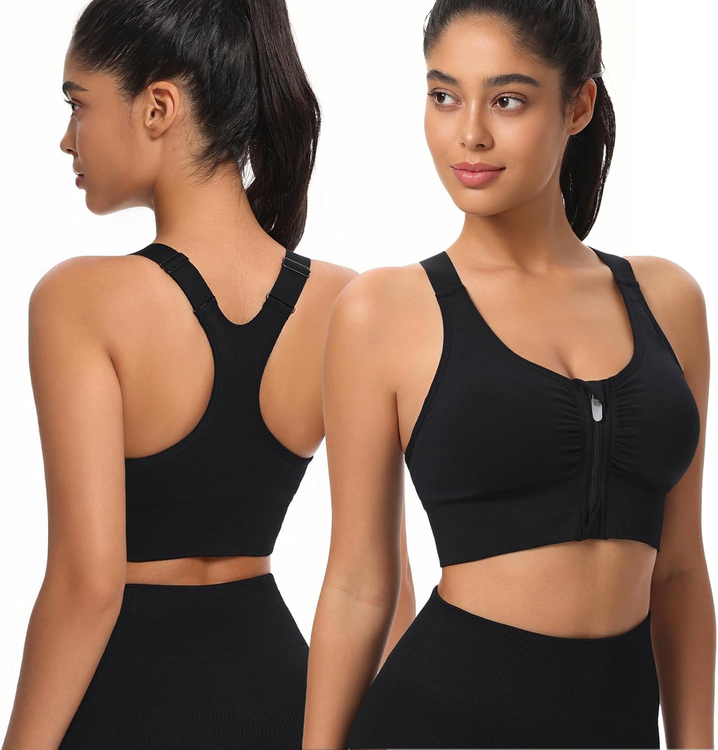 Adjustable Zip Front Sports Bra for Women | Medium Support, Padded, Racerback Design, Seamless Yoga Athletic Bra