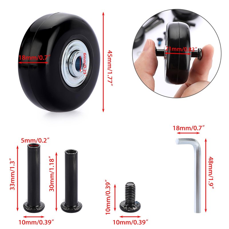OwnMy 45mm x 18mm Luggage Wheels Replacements Set of 4 Mute Suitcase Replacement Wheels with Black Screws Axles Bearings, Rotatable Rubber Luggage Replacement Wheels Silent Suitcase Swivel Wheels Kit