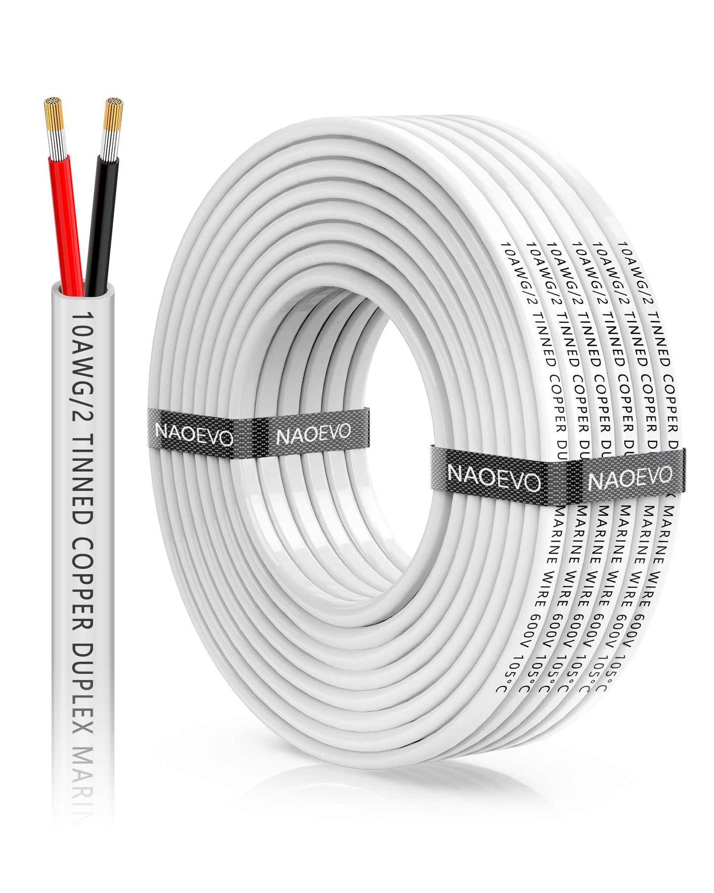 NAOEVO 10 Gauge Marine Wire Duplex, 10 AWG Stranded PVC Marine Electrical Wire, Waterproof/Corrosion Resistant/Tinned Copper Electrical Cable for Boat/Automotive/RV/Solar (30FT)