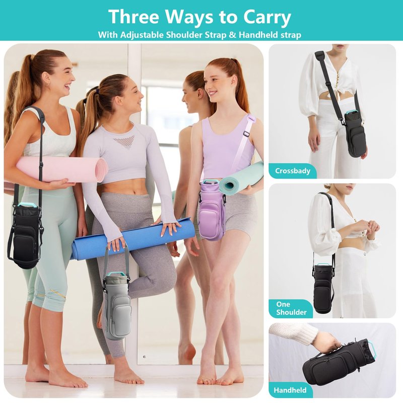 Water Bottle Carrier Bag,Water Bottle Holder with Straps Phone Pockets Fits Stanley IceFlow Owala 16/24/32/40oz Tumbler(Black)