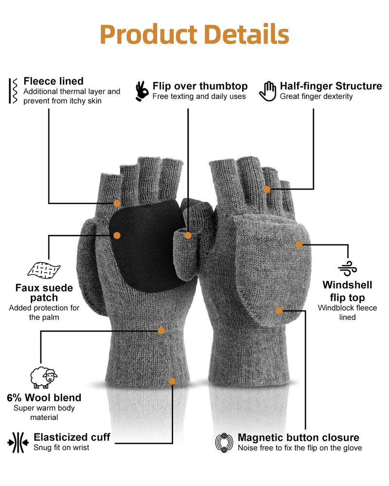 BERGWEISER Flip Winter Gloves, Convertible Fingerless Gloves for Men Women, Mittens with Flip Thumbtop & Magnetic Button Closure Gifts Grey M/L