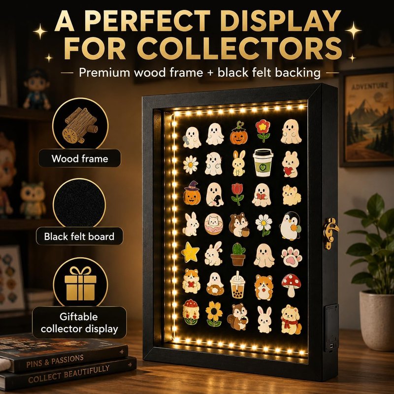 Light Up Pin Display Case - 12x16 Black Shadow Box Frame | Enamel Pin Holder for Wall or Tabletop