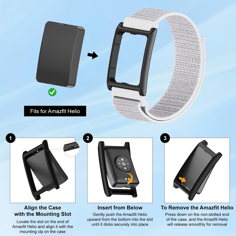 Polyjoy Nylon Loop Wristband + Frame Case Compatible with Amazfit Helio Strap Fitness Tracker, Sport Elastic Soft Breathable Adjustable Replacement Wrist Bands Bumper for Women Men