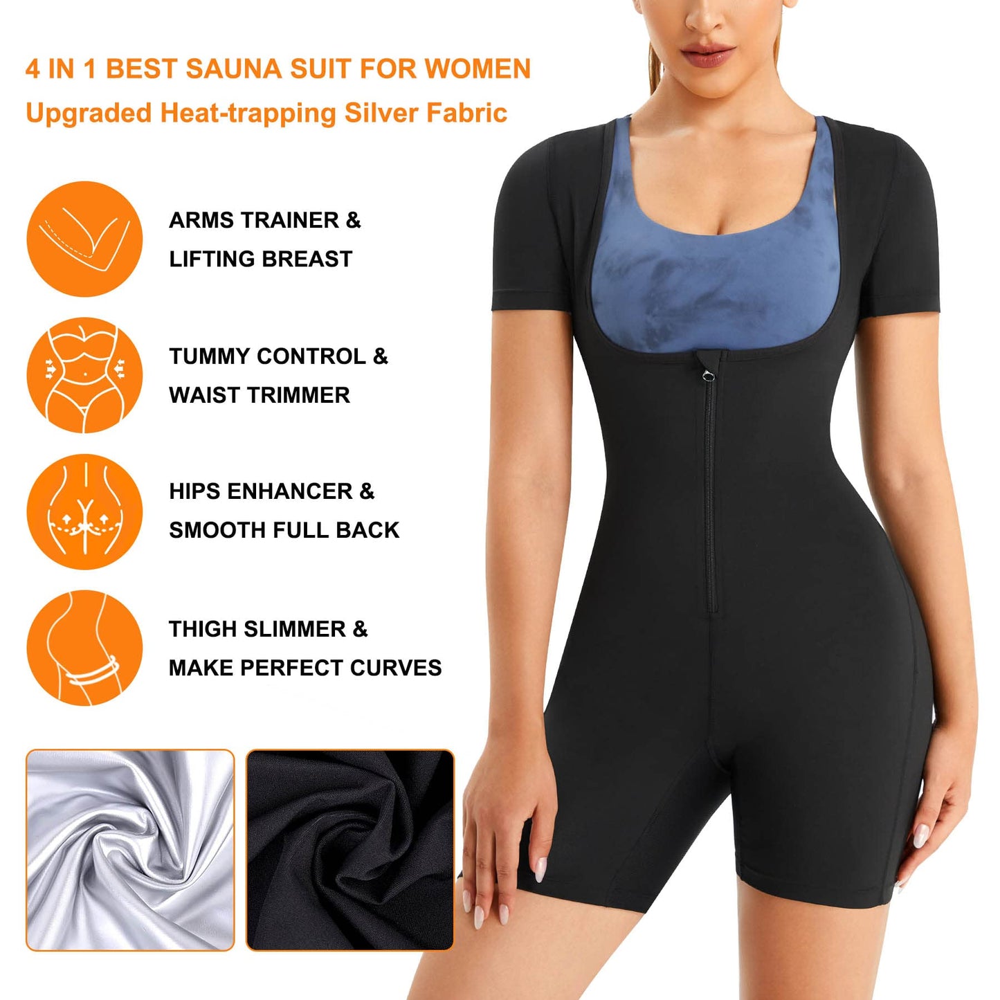 URSEXYLY Sauna Suit for Women Sweat Vest Waist Trainer 3 in 1 Slimming Full Body Shaper Workout Top with Sleeve Shorts (Black, XX-Large)