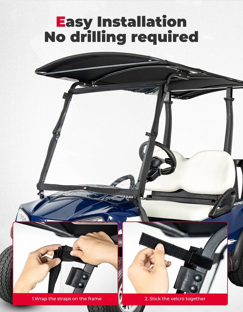 KEMIMOTO Foldable Golf Cart Windshield Compatible with Club Car DS, Tempo, Precedent, Portable Lightweight PVC Replacement Front Windshield, Black