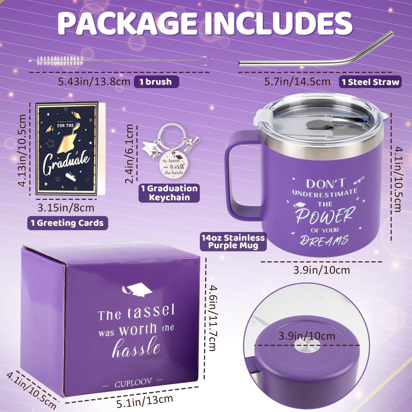 CUPLOOV 2024 Graduation Gifts for Her Him – Purple Graduation Coffee Mug/Tumbler Cup with Lid Straw Keychain and Greeting Cards for Senior College Graduates Classmates Friends