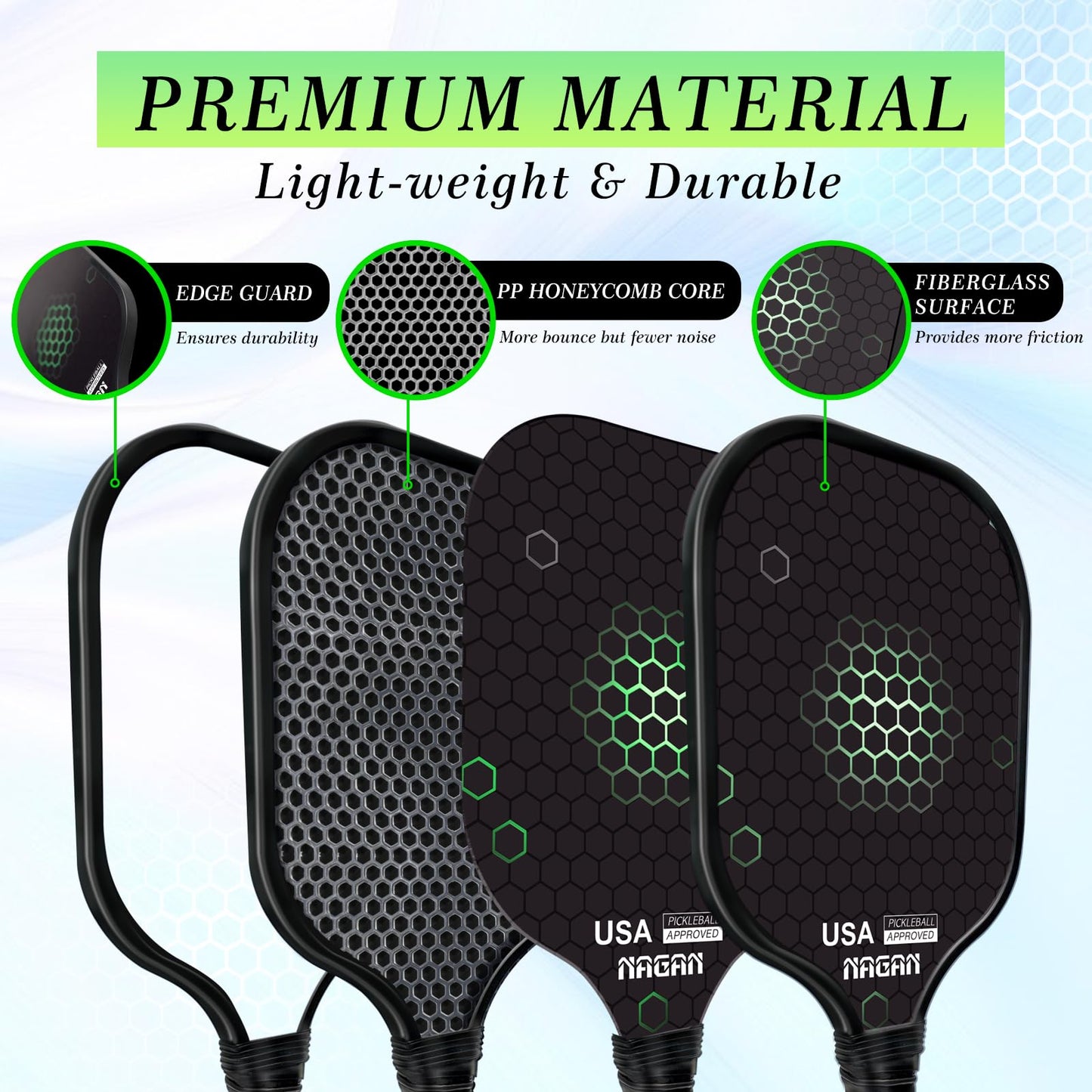 NAGAN Pickleball Paddles, USAPA Approved Durable Fiberglass Surface Pickleball Set with 4 Balls, 1 Bag for Men Women