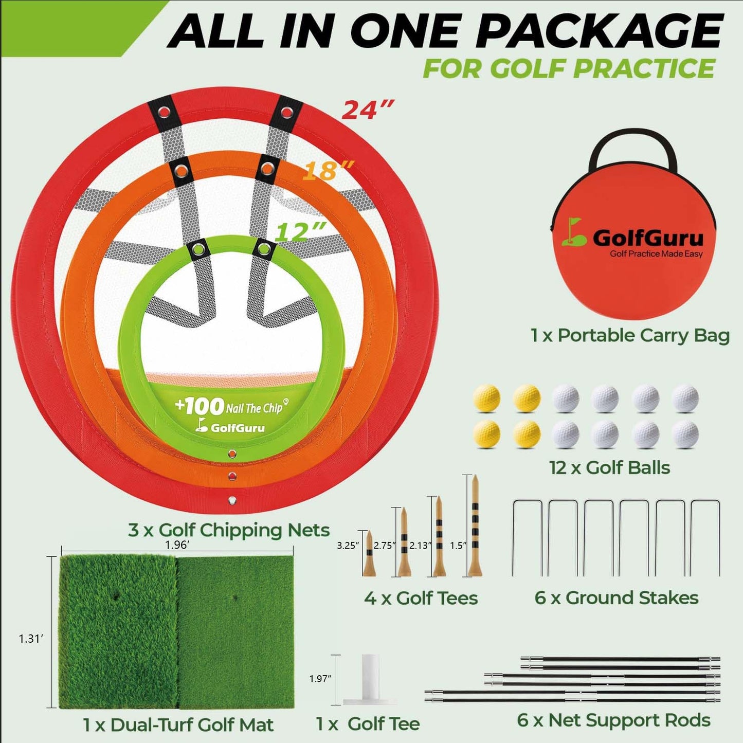 Golfguru Golf Chipping Net, Practice Chipping Net & Foldable Mat with 12 Balls, 4 Tees & Carry Bag, Golf Chipping Game for Adults Indoor Outdoor, Gifts Accessories for Men