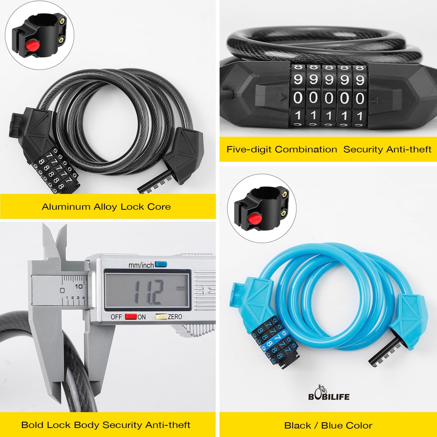 Bike Lock with Mounting Bracket, 4-Feet Bike Cable Basic Self Coiling 5-Digit Resettable Combination Cable Bike Locks, for Bicycle, Motorcycle, Scooter (Black)