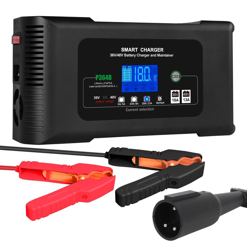 Golf Cart Battery Charger, 36 Volt 18 AMP/48 Volt 13 Amp Large Screen Golf Cart Charger for Club Car Golf Carts with 3 Pin Round Plug, Lithium, LiFePO4, Lead-Acid AGM/Gel/SLA Smart Battery
