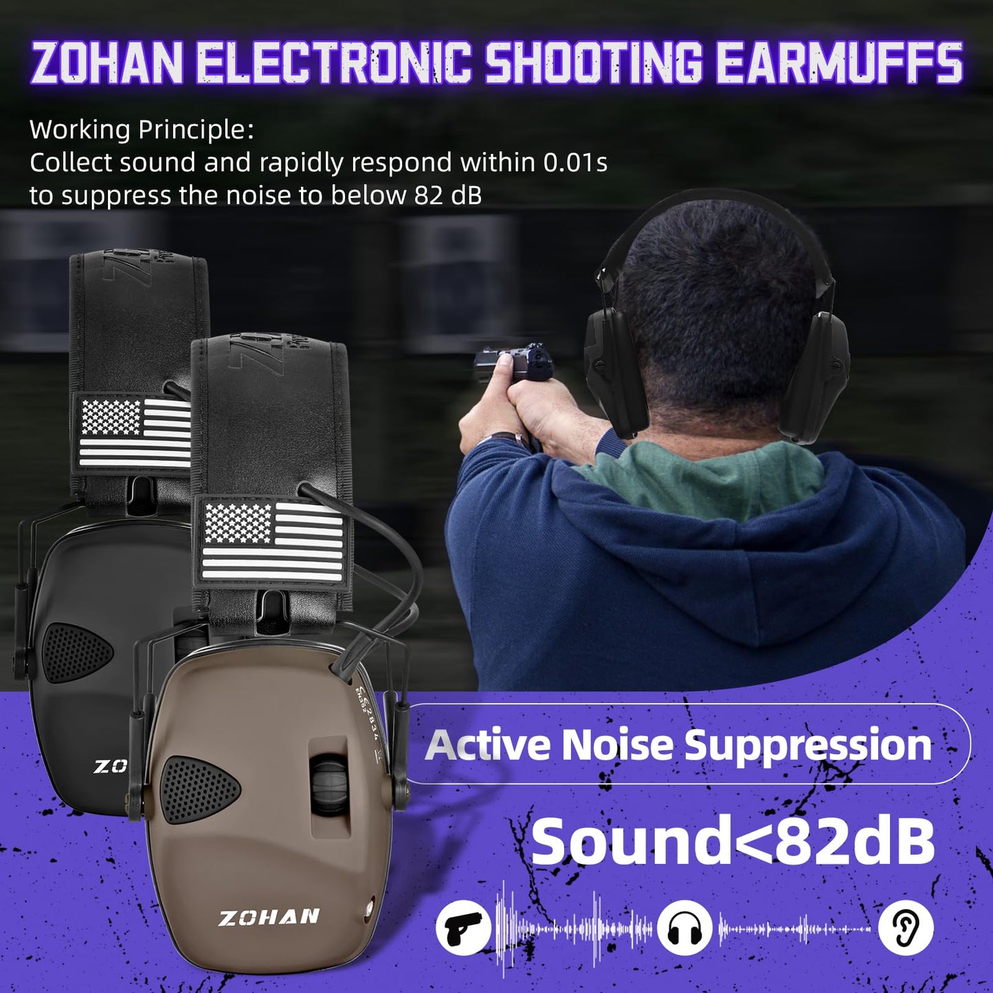 ZOHAN Electronic Shooting Earmuffs with Patches, 2Pack Hearing Protection for Shooters, NRR 23dB Noise Reduction, Gun Range Ear Protection Headphones(Black+Brown)