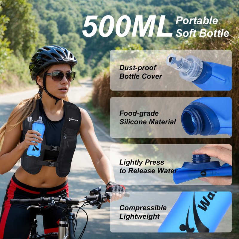 Running Vest for Women & Men, Adjustable Elasticated Sternum Straps Vest with 500ml Soft Flask, Fast and Free Reflective Running Vest, Designed for Running Marathon Trail Race Jogging Cycling