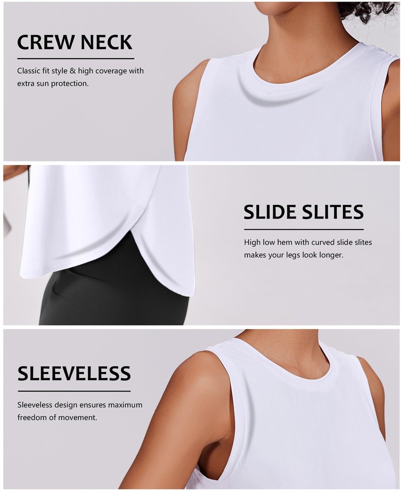 PINSPARK Athletic Tank Tops for Women Moisture Wicking Workout Tanks UPF 50+ Sleeveless Yoga Shirt with Side Slits Loose Fit Gym Top for Running, White Medium