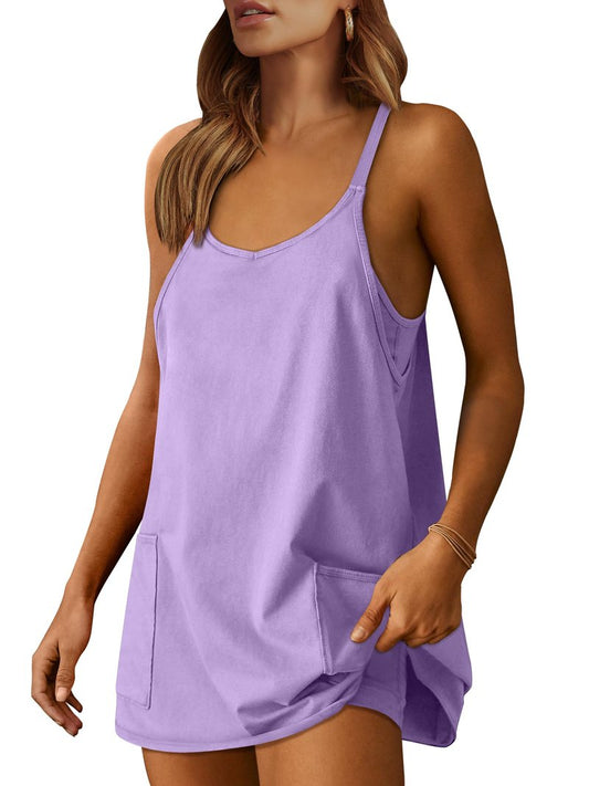 ANRABESS Women Athletic Dress Summer Tennis Workout Active Sports Mini Romper Dress Built in Shorts Travel Vacation Clothes Purple X-Smal